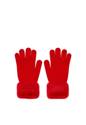 Pair of bright red gloves with soft, fluffy cuffs, laid flat with fingers extended on a white background.
