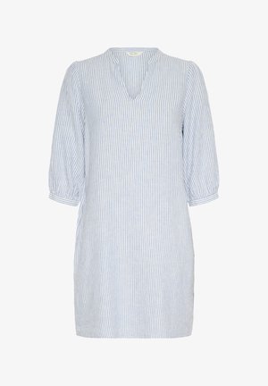 Tunica a righe celeste e bianca con scollo a V, maniche corte a palloncino e vestibilità ampia, realizzata in un tessuto morbido e strutturato.