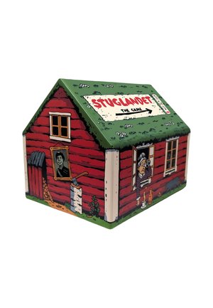 Small red wooden house-shaped box with green roof labeled "Stuglandet The Game," showing cartoon drawings of a framed portrait, an axe, and a woman looking out window.