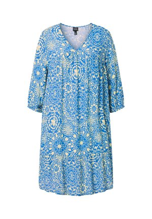 Blauw-beige knielange jurk met driekwart mouwen, V-hals en een ingewikkeld geometrisch bloemmotief.