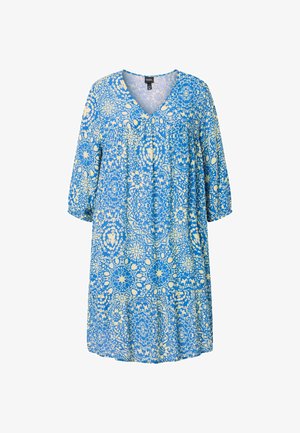 Blauw-beige knielange jurk met driekwart mouwen, V-hals en een ingewikkeld geometrisch bloemmotief.