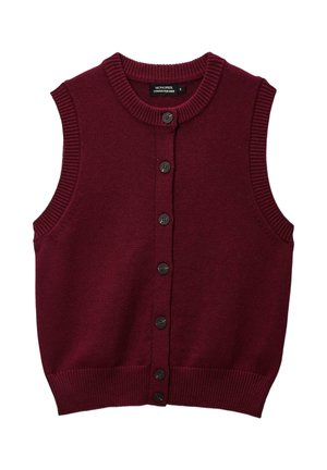 Gilet sans manches bordeaux en tissu tricoté, avec un col rond, une fermeture à boutons sur le devant et des bords côtelés.