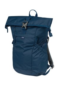 Navy roll-top backpack made of durable fabric with a secure buckle closure, side pockets, and padded mesh straps for comfort.