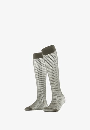 Skarpetki do kolan z jasnoszarym wzorem siateczkowym, gładkimi szarymi mankietami oraz przepuszczającą powietrze teksturą, idealne na ciepłe dni.