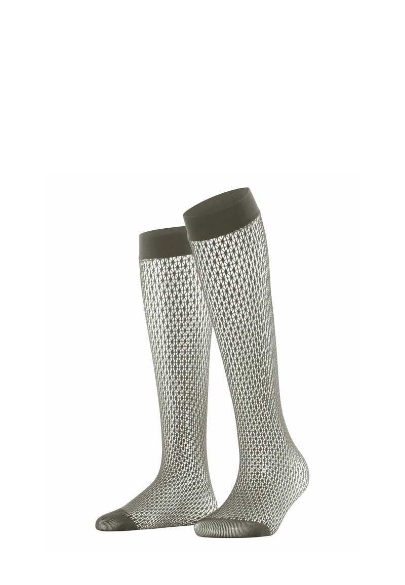 Calze alte fino al ginocchio con un motivo a rete grigio chiaro, polsini grigi uniformi e texture traspirante adatta per il clima caldo.