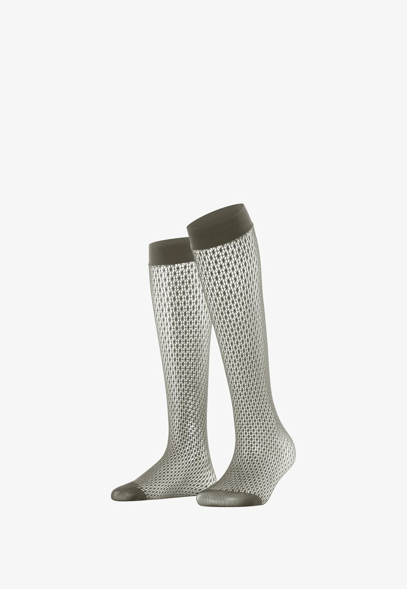 Calze alte fino al ginocchio con un motivo a rete grigio chiaro, polsini grigi uniformi e texture traspirante adatta per il clima caldo.