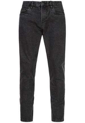 Black denim jeans featuring a straight-leg design, five pockets, belt loops, and a subtle faded texture. Basic button and zipper closure.