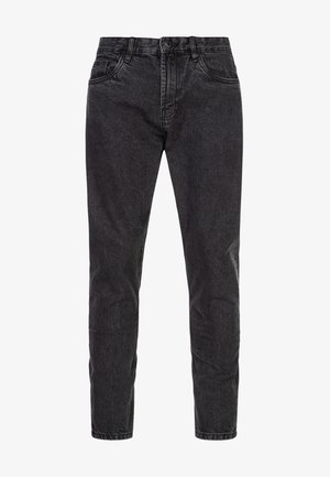 Black denim jeans featuring a straight-leg design, five pockets, belt loops, and a subtle faded texture. Basic button and zipper closure.