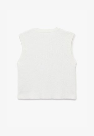 Top sin mangas de punto acanalado blanco con un escote redondeado. Textura suave, bordes limpios y un diseño sencillo, adecuado para llevar en capas.