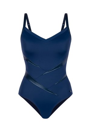 Granatowy jednoczęściowy strój kąpielowy z gładkiej tkaniny, z dekoltem w serek, regulowanymi ramiączkami i skrzyżowanymi satynowymi detalami na gorsecie.