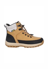 Botte de randonnée imperméable brun et noir avec un dessus texturé, semelle en caoutchouc, système de laçage et un col rembourré pour le soutien.