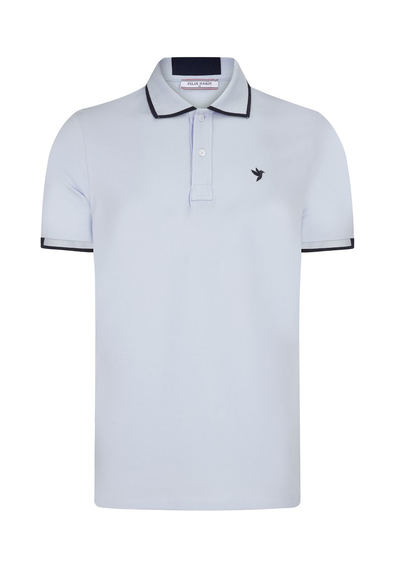 Polo shirt azzurro realizzato in cotone con pattina a due bottoni, colletto e polsini blu scuro e un piccolo logo a forma di uccello sul petto.