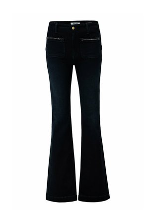 Jean évasé noir à taille haute, avec bouton et fermeture éclair à l'avant, deux poches avant avec chaînes décoratives.