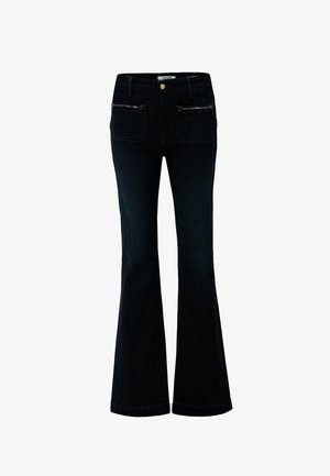 Jean évasé noir à taille haute, avec bouton et fermeture éclair à l'avant, deux poches avant avec chaînes décoratives.