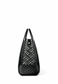 Black plastic basket with a triangular shape, diamond-patterned mesh design, and sturdy curved handles at the top.