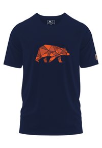Navyblaues T-Shirt aus weichem Stoff, mit einem geometrischen orangefarbenen Bären-Graphic auf der Vorderseite. Standard Rundhalsausschnitt und kurze Ärmel.