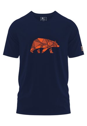 Navyblaues T-Shirt aus weichem Stoff, mit einem geometrischen orangefarbenen Bären-Graphic auf der Vorderseite. Standard Rundhalsausschnitt und kurze Ärmel.