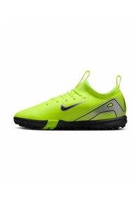 Chausson de football néon jaune vif avec une tige texturée, semelle noire, accents de renforcement et un design épuré mettant en avant un logo et un motif gris.