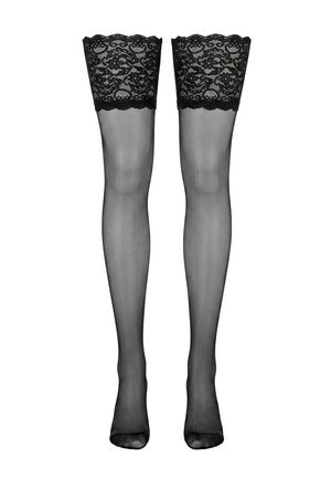 Bas transparents noirs montants jusqu'à la cuisse avec larges bordures en dentelle et orteils renforcés, présentés debout sur fond blanc.