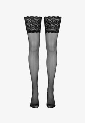 Bas transparents noirs montants jusqu'à la cuisse avec larges bordures en dentelle et orteils renforcés, présentés debout sur fond blanc.