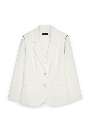 Hvid skræddersyet blazer med hakkede revers, to forreste knapper, klaplommer og diskrete lynlåsdetailler ved skuldersømmene.