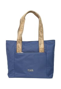 Borsa tote in nylon blu navy con una tasca frontale con zip. Manici realizzati in materiale beige a motivo che riproduce mappe. Presenta un logo dorato.