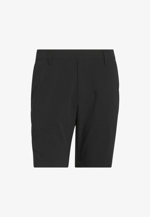 Black shorts made of smooth fabric, featuring a flat front, side pockets, and no visible patterns. Standard waist and tailored fit.