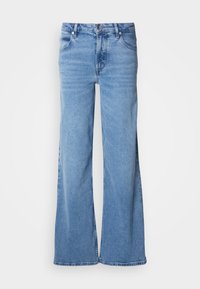 Hele sinise tooniga laia säärega teksapüksid, valmistatud teksakangast. Omavad klassikalist viiepõhjalist disaini ja nähtavat nööbikirjet. Pehme tekstuur ja lihtne viimistlus.