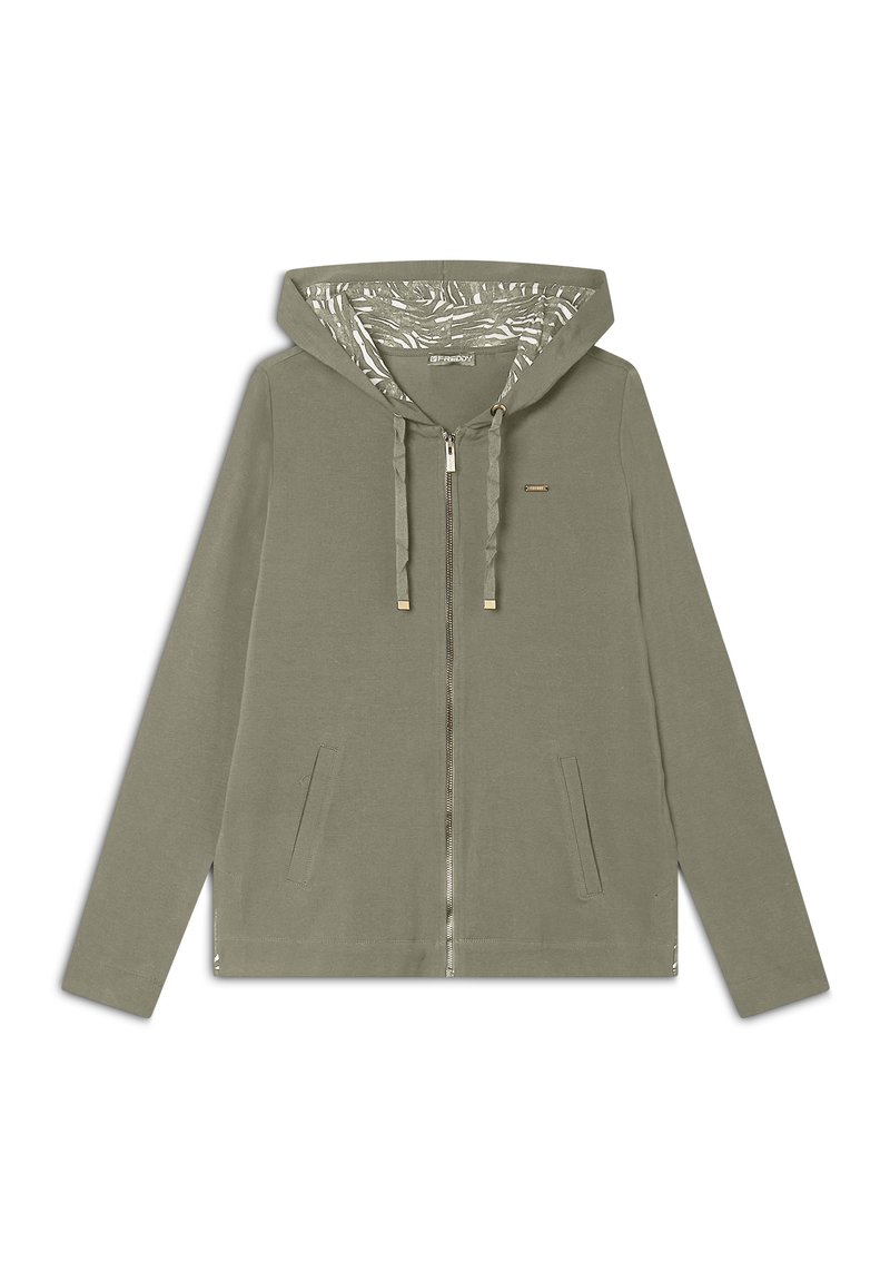 Felpa con zip di colore verde grigio, dotata di cappuccio, tasche frontali e foderatura interna decorativa. Presenta cordini e dettagli metallici sulla zip.
