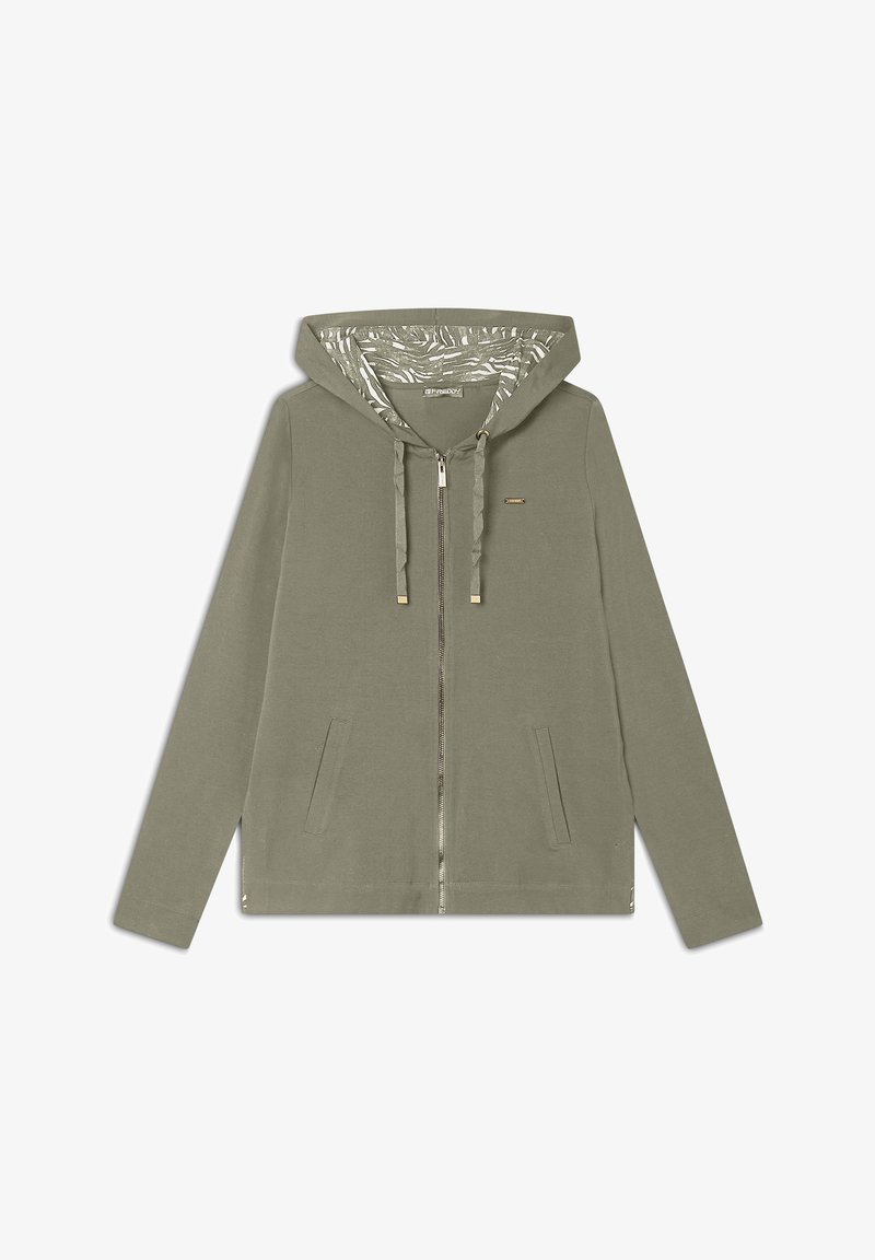 Felpa con zip di colore verde grigio, dotata di cappuccio, tasche frontali e foderatura interna decorativa. Presenta cordini e dettagli metallici sulla zip.