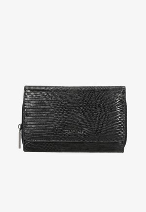 Black leather wallet with a textured, reptile pattern, zip closure, and a branded logo. Compact rectangular shape with a smooth finish.