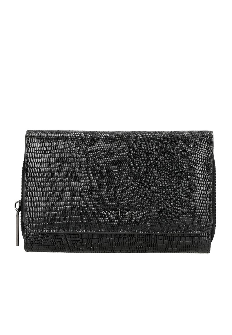 Zwarte leren portemonnee met een gestructureerd, reptielenpatroon, ritssluiting en een merkembleem. Compacte rechthoekige vorm met een gladde afwerking.
