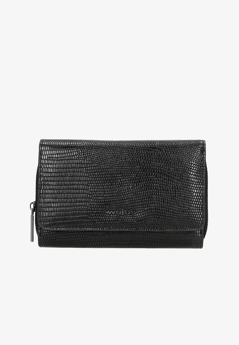 Zwarte leren portemonnee met een gestructureerd, reptielenpatroon, ritssluiting en een merkembleem. Compacte rechthoekige vorm met een gladde afwerking.