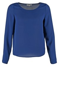 Blouse bleue à manches longues avec encolure ronde et tissu lisse, présentant un ourlet droit et sans motifs ni ornements visibles.