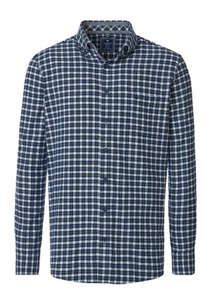 Herren Langarmhemd mit marineblau-weiß kariertem Muster, Button-Down-Kragen und Brusttasche.