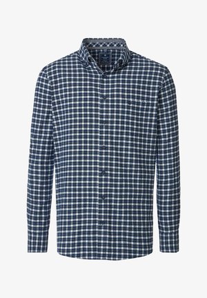 Herren Langarmhemd mit marineblau-weiß kariertem Muster, Button-Down-Kragen und Brusttasche.