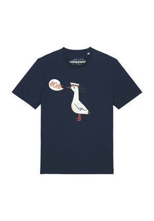 T-shirt bleu marine avec une mouette dessin animé portant un chapeau de marin et une bulle de dialogue disant « "MOIN!" »
