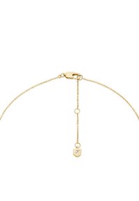 Gold chain bracelet with a lobster clasp; features a delicate chain and a small hexagonal charm with an engraved "F."