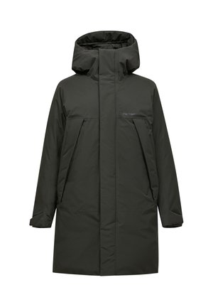 Grüne, gefütterte Kapuzenjacke mit geradem Schnitt, Reißverschluss vorne und seitlichen Taschen. Mit einem Logo auf der Brust und einer glatten, matten Textur.