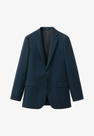 Granatowa marynarka męska jednorzędowa z wyciętymi klapami, dwoma przednimi kieszeniami z patkami, jedną kieszenią na piersi i dwoma guzikami.