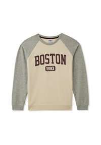 Felpa beige con maniche raglan grigie. Presenta la scritta "BOSTON 1993" in lettere color bordeaux sul davanti. Tessuto morbido, colletto e polsini a coste.