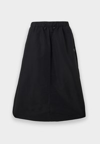 Μαύρη φούστα σε σχήμα Α με ελαστική μέση και ρυθμιζόμενο κορδόνι, μήκος μέχρι το γόνατο, απλή σχεδίαση με πλαϊνές τσέπες.