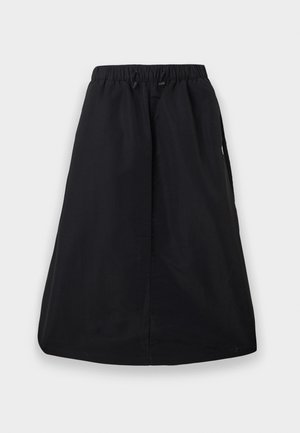 Musta A-linjainen hame, jossa joustava vyötärönauha ja säädettävä nyöri, polvipituinen, yksivärinen malli, sivutaskuilla.