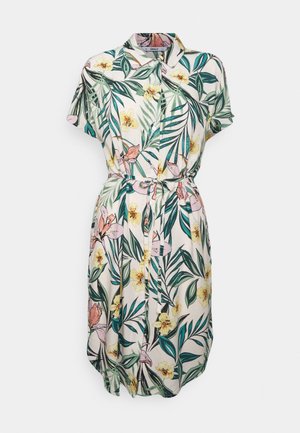 Short-sleeve button-up dress with collar, tied waist, and tropical floral print in green, yellow, and pink on a white background.
