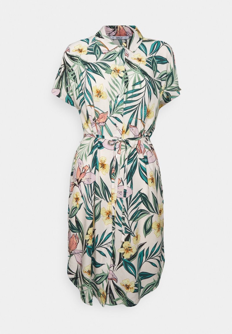 Robe à manches courtes avec boutons, col, taille nouée et imprimé floral tropical en vert, jaune et rose sur fond blanc.