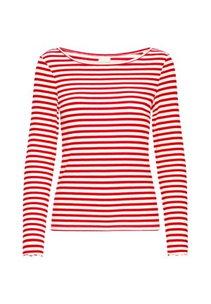 Camisa ajustada de manga larga con rayas horizontales alternando entre rojo y blanco y un amplio cuello redondo.