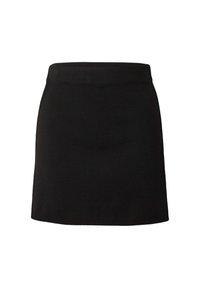 Zwarte gebreide mini-jurk met een geribde tailleband, met een gladde textuur en een rechte silhouet. Geen zichtbare patronen of accenten.
