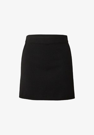 Schwarzer gestrickter Minirock mit einem gerippten Bund, der eine glatte Textur und eine gerade Silhouette aufweist. Keine sichtbaren Muster oder Akzente.