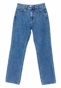 Jeans de mezclilla azules con pierna recta, cintura alta, diseño de cinco bolsillos y costuras clásicas. Cuenta con un cierre de botón y cremallera.
