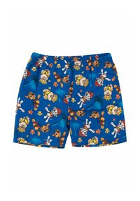 Costumi da bagno, tessuto blu con una stampa a tutto campo di cani dei cartoni animati, dotati di cintura elastica, materiale leggero e colori vivaci.